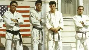 Historical image of Gracie family members standing together, marking the expansion of Gracie Jiu Jitsu to the United States.