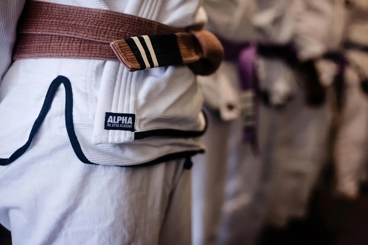 Close-up of a Brazilian Jiu-Jitsu brown belt uniform with the Alpha Jiu Jitsu Academy logo, highlighting the detailed gi and belt worn during class training.